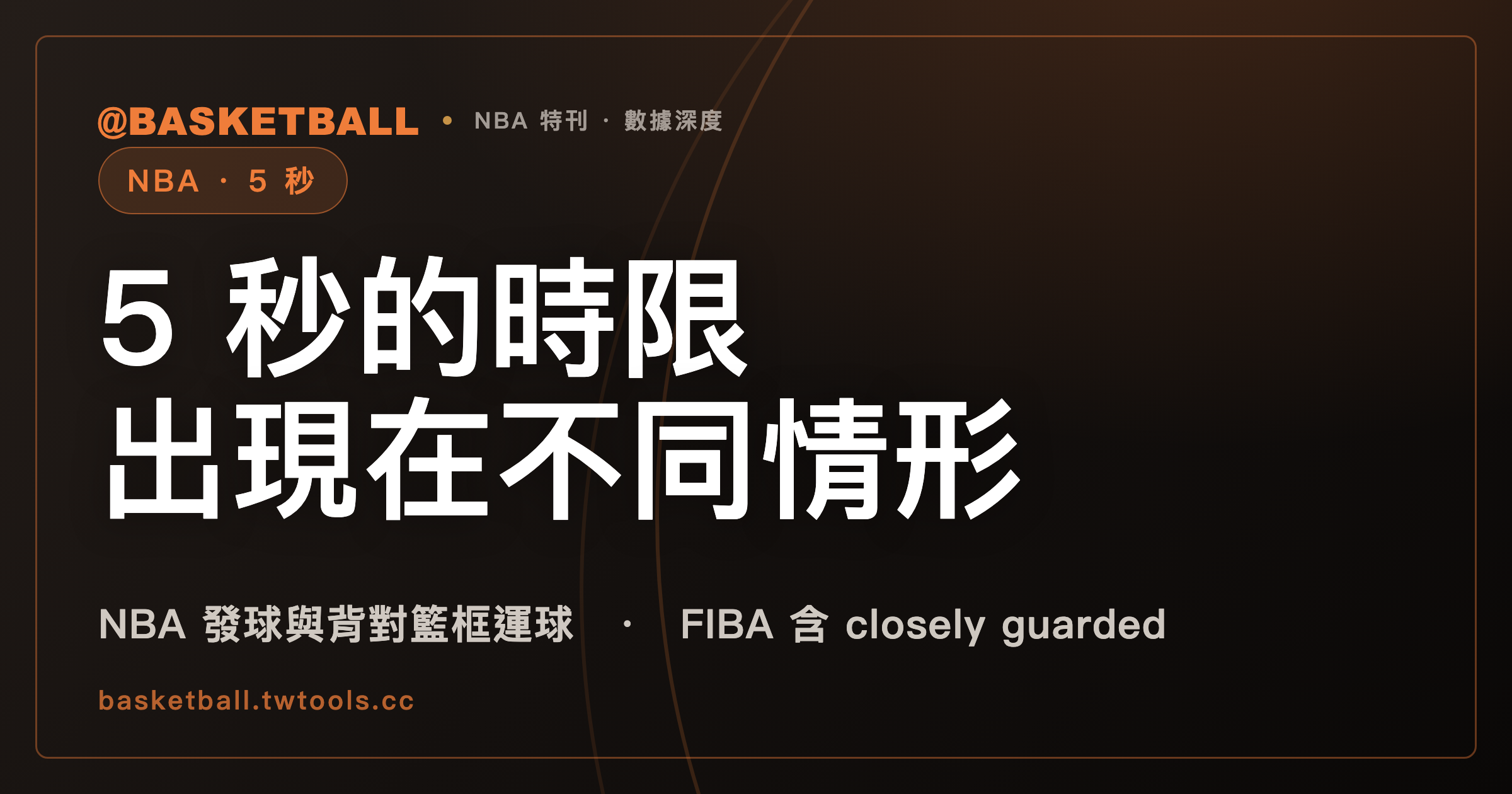 5 秒的時限出現在不同情形：NBA 2025-26 規則書寫發球與背對籃框運球，FIBA 2024 寫發球、closely guarded 與罰球｜封面
