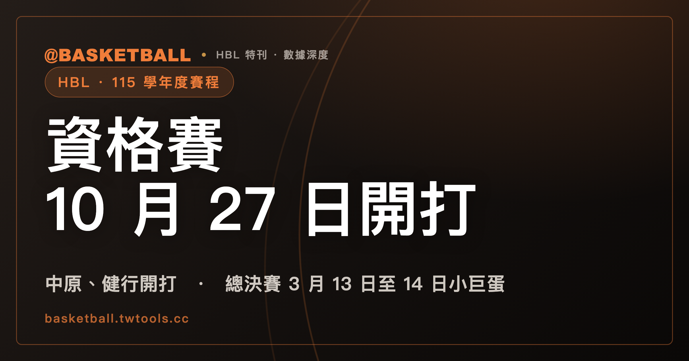 HBL 115 學年度行事曆預定：資格賽 10/27 起在中原、健行，八強跨農曆年，總決賽 3/13–14 小巨蛋｜封面
